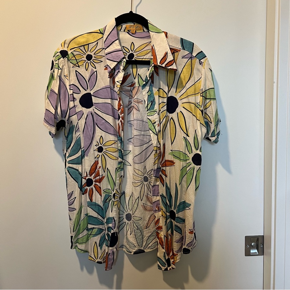 Button-Down Floral Rayon Shirt - Multicolor